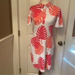 SAILOR SAILOR DRESS SHEATH WHITE PINK ORANGE MONSTERA LEAF PRINT SHORT SLEEVE XS
